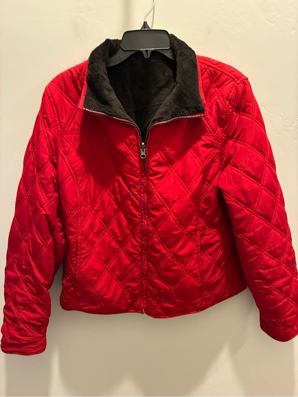 Red Quilted Puffer Jacket with Contrast Collar